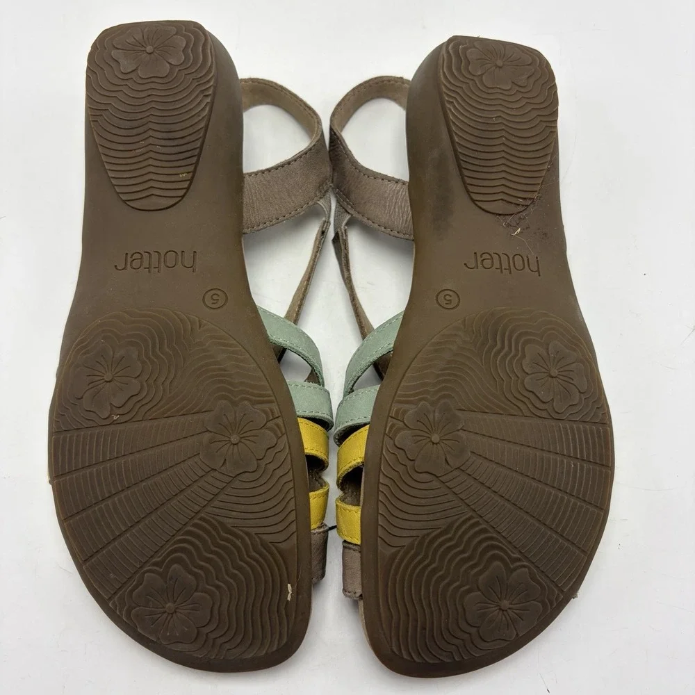Hotter Minorca Sandals Womens 7 Beige Leather Yellow Strappy Spring Casual Flat